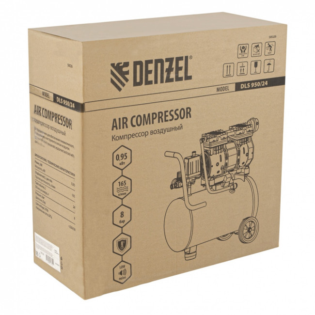 Компрессор DLS950/24 безмаслянный малошумный 950 Вт, 165 л/мин, ресивер 24 л Denzel