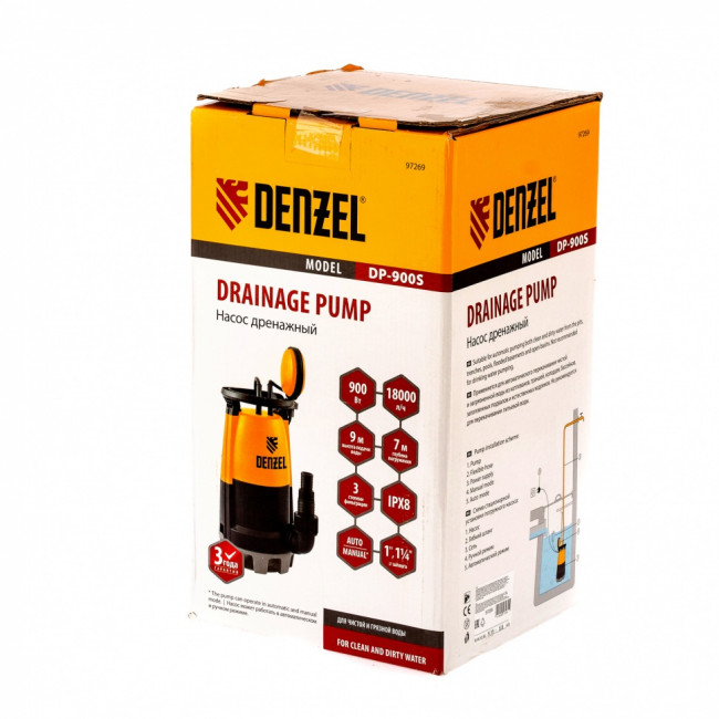 Дренажный насос для чистой и грязной воды DP900S, 900 Вт, напор 9 м, 18000 л/ч Denzel ( 97269 ) Дренажный насос для чистой и грязной воды DP900S, 900 Вт, напор 9 м, 18000 л/ч Denzel ( 97269 )