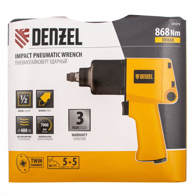 Ударный пневмогайковерт IW860, набор головок, 1/2", 7000 об/мин, 868 Нм Denzel ( 57473 ) Ударный пневмогайковерт IW860, набор головок, 1/2", 7000 об/мин, 868 Нм Denzel ( 57473 )