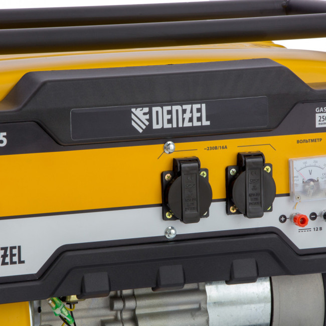 Генератор бензиновый PS 25, 2.5 кВт, 230 В, 15 л, ручной стартер Denzel Генератор бензиновый PS 25, 2.5 кВт, 230 В, 15 л, ручной стартер Denzel