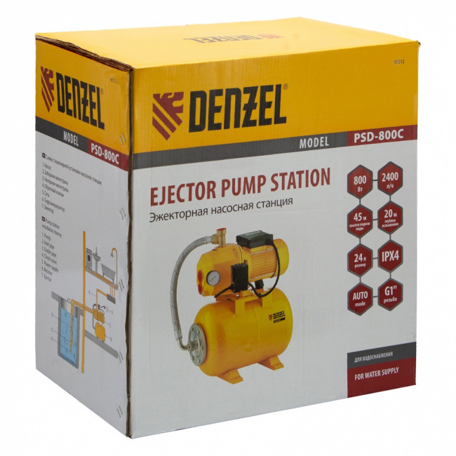 Насосная станция эжекторная PSD800C, 800 Вт, 2400 л/ч, ресивер 24 л, всасывание 20 м Denzel Насосная станция эжекторная PSD800C, 800 Вт, 2400 л/ч, ресивер 24 л, всасывание 20 м Denzel
