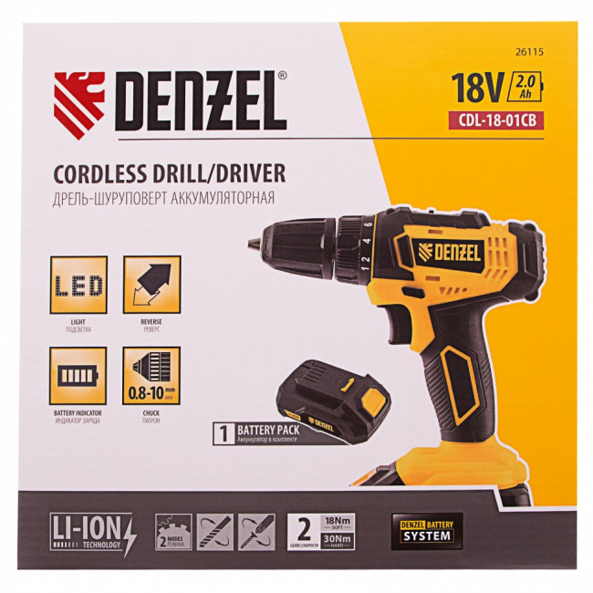 Дрель-шуруповерт аккумуляторная CDL-18-01CB, Li-Ion, 18 В, 1 аккумулятор Denzel ( 26115 ) Дрель-шуруповерт аккумуляторная CDL-18-01CB, Li-Ion, 18 В, 1 аккумулятор Denzel ( 26115 )