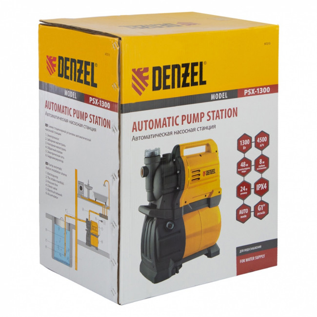 Насосная станция PSХ1300, Х-Pro, 1300 Вт, 4500 л/ч, ресивер 24 л, подъем 48 м Denzel Насосная станция PSХ1300, Х-Pro, 1300 Вт, 4500 л/ч, ресивер 24 л, подъем 48 м Denzel