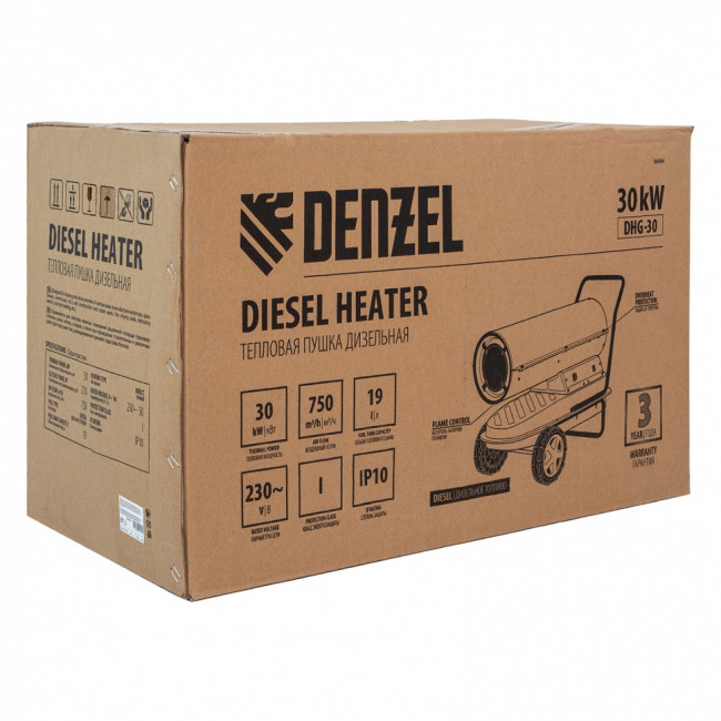 Дизельная тепловая пушка DHG-30, 30 кВт, 750 м3/ч, прямой нагрев Denzel ( 96484 ) Дизельная тепловая пушка DHG-30, 30 кВт, 750 м3/ч, прямой нагрев Denzel ( 96484 )