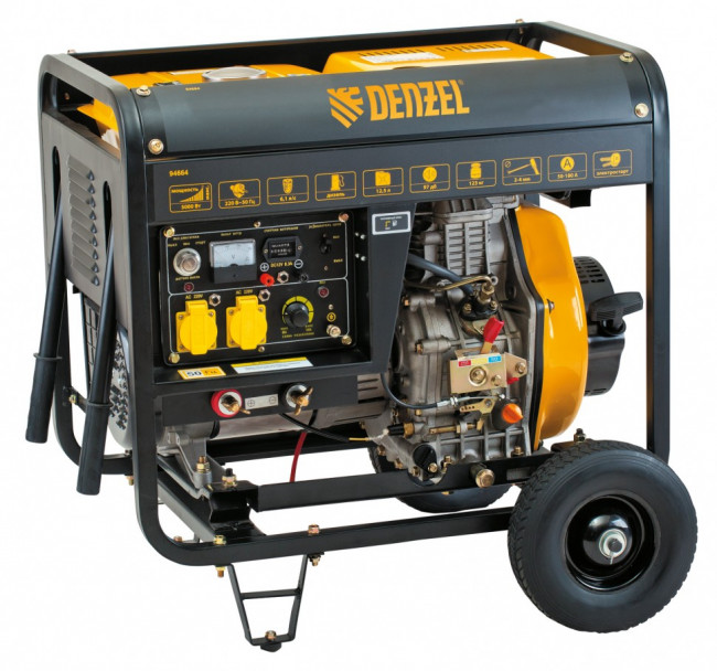 Дизельная сварочная генераторная установка DW180Е, 4.5 кВт, 220 В/50 Гц, 12.5 л, электростарт Denzel Дизельная сварочная генераторная установка DW180Е, 4.5 кВт, 220 В/50 Гц, 12.5 л, электростарт Denzel