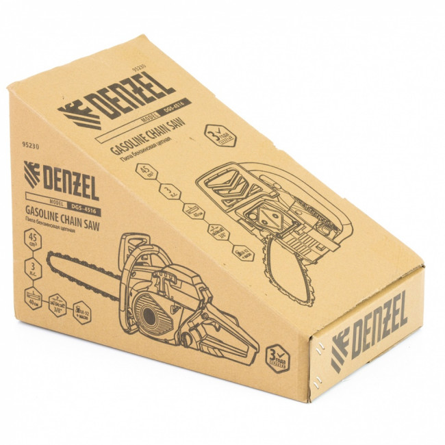 Пила цепная бензиновая DGS-4516, шина 40 см, 45 см3, 3 л.с, шаг 3/8, паз 1.3 мм, 57 звеньев Denzel