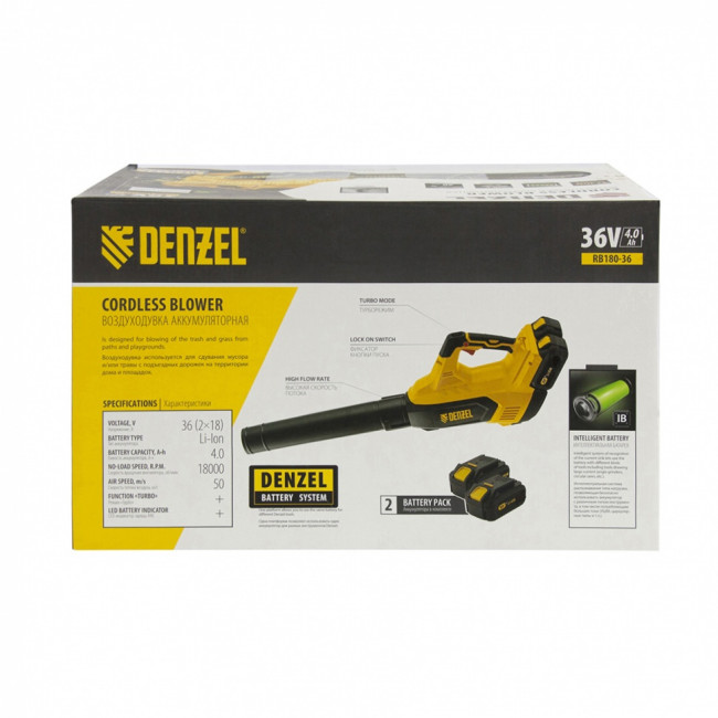 Воздуходувка аккумуляторная RB180-36, Li-ion, 36 В, 4 Ач, 180 км/ч, 820 м3/ч Denzel ( 59610 )