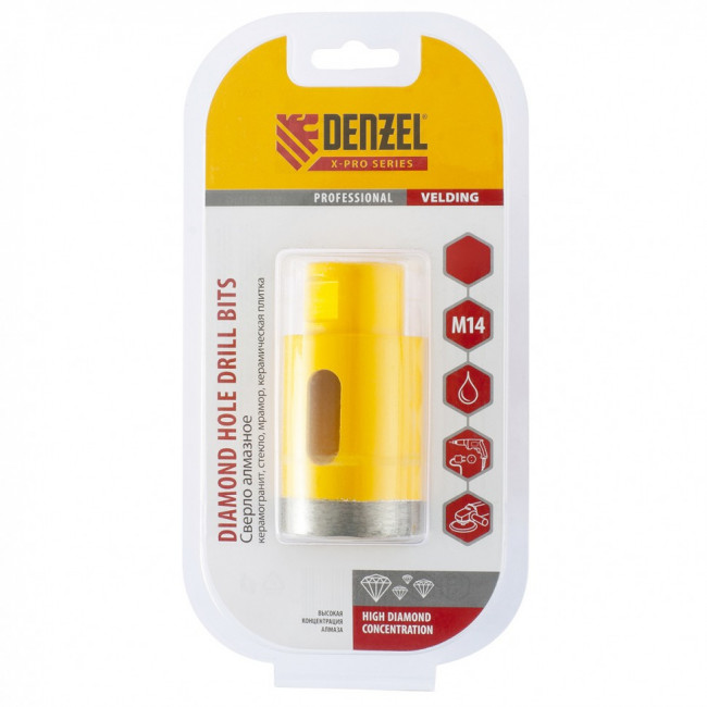 Сверло алмазное по керамограниту, 27 мм, мокрая резка, М14 Denzel Сверло алмазное по керамограниту, 27 мм, мокрая резка, М14 Denzel