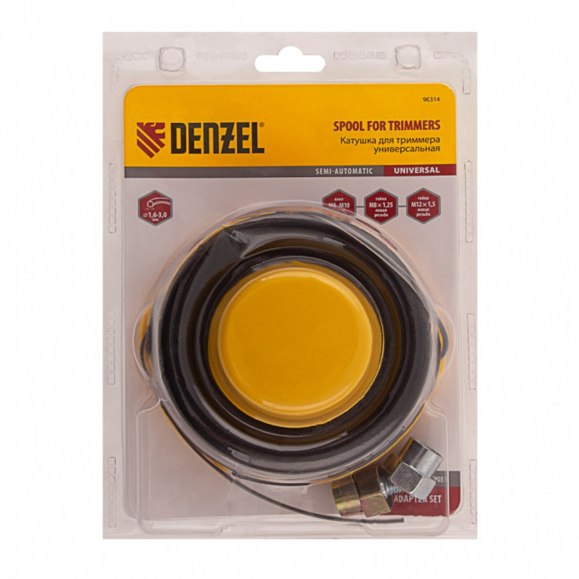 Катушка универсальная триммерная, гайка М10 х 1.25, М8, М12, винт М8-М10, левая резьба, шаг 1.5 мм Denzel Катушка универсальная триммерная, гайка М10 х 1.25, М8, М12, винт М8-М10, левая резьба, шаг 1.5 мм Denzel