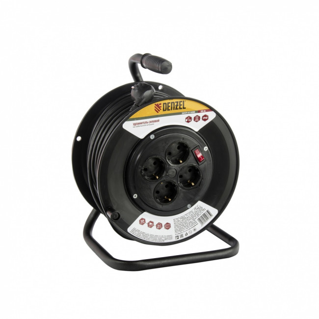 Удлинитель силовой на кабельной катушке, 50 м, 4 розетки, 16 А, серия УХз16 Denzel Удлинитель силовой на кабельной катушке, 50 м, 4 розетки, 16 А, серия УХз16 Denzel