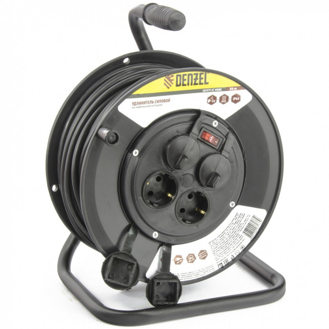 Удлинитель силовой на кабельной катушке, 50 м, 4 розетки с крышкой, IP44, 16 А, серия УХз16 Denzel Удлинитель силовой на кабельной катушке, 50 м, 4 розетки с крышкой, IP44, 16 А, серия УХз16 Denzel