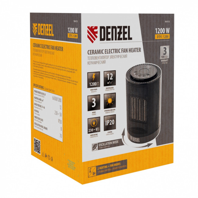 Тепловентилятор электрический керамический DTFC-1200, 3 режима, вентилятор, нагрев 600/1200 Вт Denzel ( 96418 ) Тепловентилятор электрический керамический DTFC-1200, 3 режима, вентилятор, нагрев 600/1200 Вт Denzel ( 96418 )