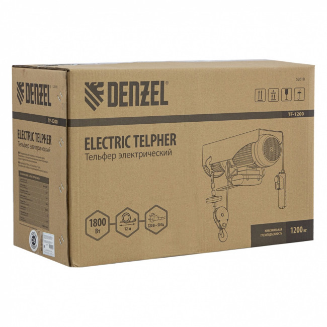 Тельфер электрический TF-1200,1.2 т, 1800 Вт, высота 12 м, 8 м/мин Denzel Тельфер электрический TF-1200,1.2 т, 1800 Вт, высота 12 м, 8 м/мин Denzel