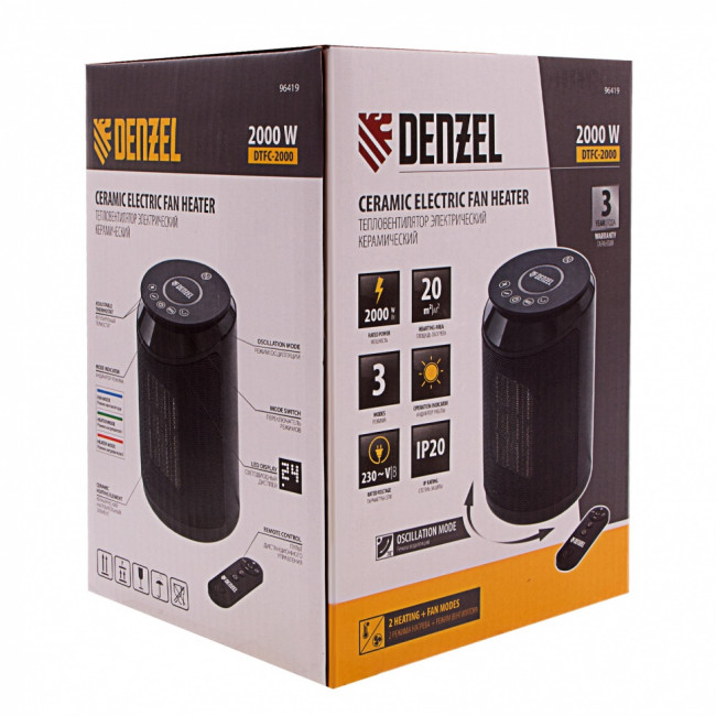 Тепловентилятор электрический керамический DTFC-2000, пульт, 3 режима, вентилятор, нагрев 1000/2000 Вт Denzel ( 96419 ) Тепловентилятор электрический керамический DTFC-2000, пульт, 3 режима, вентилятор, нагрев 1000/2000 Вт Denzel ( 96419 )