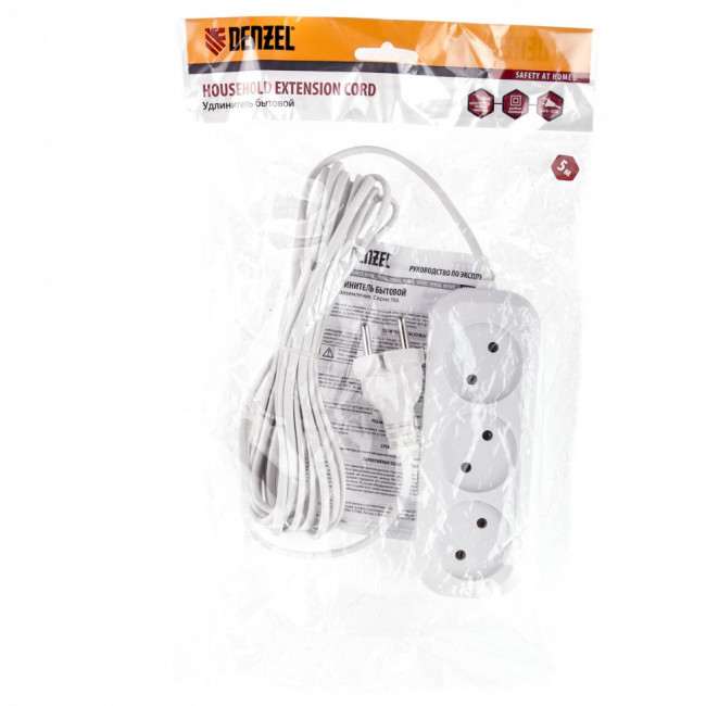 Удлинитель бытовой, без заземления, 5 м, 3 розетки, 6 A, серия УХ6 Denzel, ( 95927 )