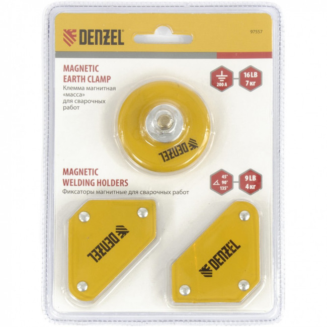 Набор из 2 магнитных сварочных фиксаторов и магнитной клеммы "масса" Denzel Набор из 2 магнитных сварочных фиксаторов и магнитной клеммы "масса" Denzel