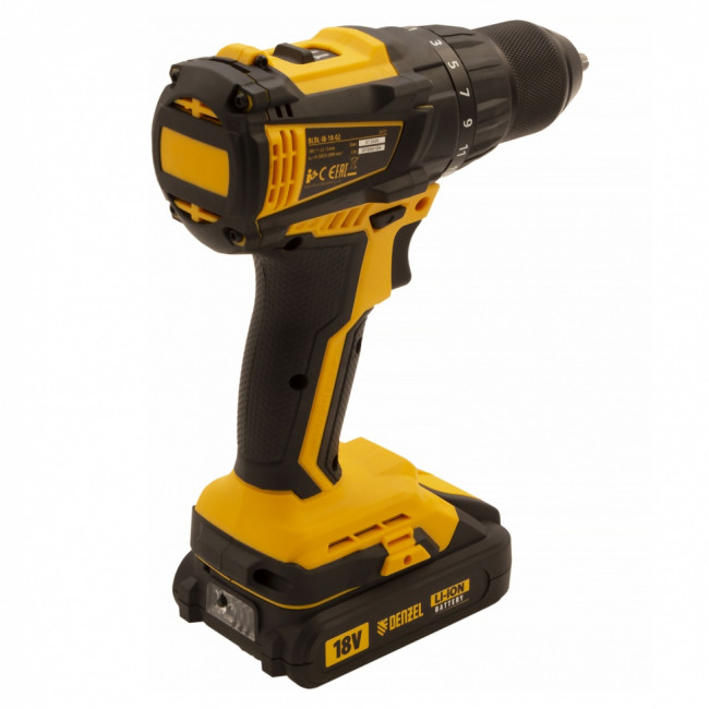 Дрель-шуруповерт аккумуляторная с бесщеточным двигателем BLDL-IB-18-02, Li-Ion, 18 В, 1.5 А/ч, 2 аккумулятора Denzel Дрель-шуруповерт аккумуляторная с бесщеточным двигателем BLDL-IB-18-02, Li-Ion, 18 В, 1.5 А/ч, 2 аккумулятора Denzel