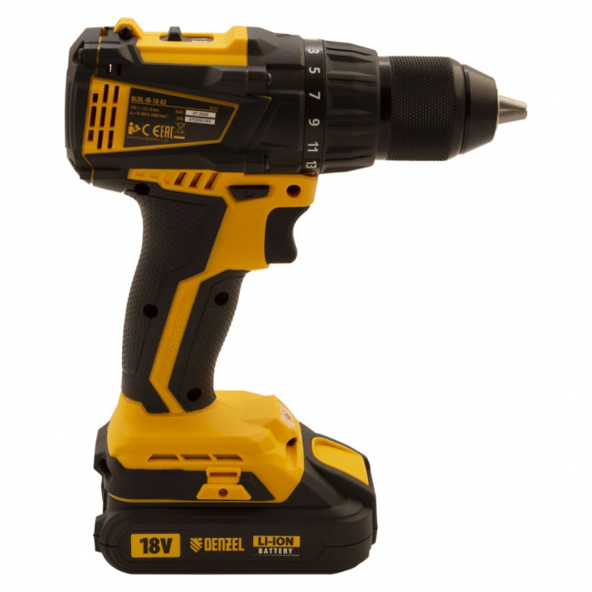 Дрель-шуруповерт аккумуляторная с бесщеточным двигателем BLDL-IB-18-02, Li-Ion, 18 В, 1.5 А/ч, 2 аккумулятора Denzel Дрель-шуруповерт аккумуляторная с бесщеточным двигателем BLDL-IB-18-02, Li-Ion, 18 В, 1.5 А/ч, 2 аккумулятора Denzel