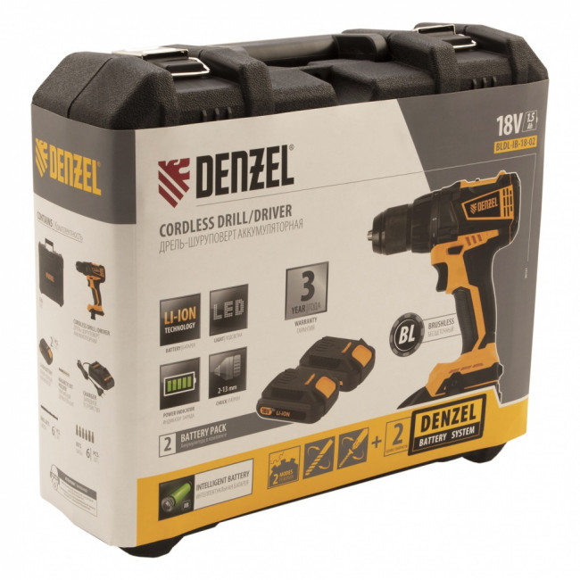 Дрель-шуруповерт аккумуляторная с бесщеточным двигателем BLDL-IB-18-02, Li-Ion, 18 В, 1.5 А/ч, 2 аккумулятора Denzel Дрель-шуруповерт аккумуляторная с бесщеточным двигателем BLDL-IB-18-02, Li-Ion, 18 В, 1.5 А/ч, 2 аккумулятора Denzel