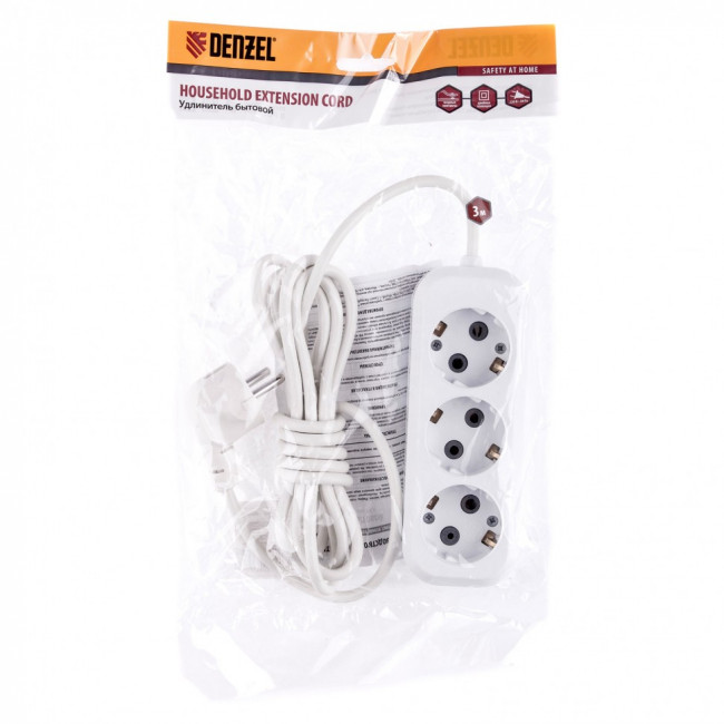 Удлинитель бытовой, серия УХз-10-303, с заземлением, 3 м, 3 розетки, 10 A Denzel Удлинитель бытовой, серия УХз-10-303, с заземлением, 3 м, 3 розетки, 10 A Denzel