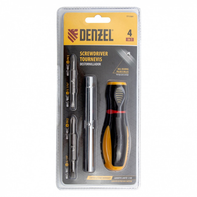 Отвертка комбинированная, SL3/16"-PH1, SL1/4"-PH2, 3-х компонентная рукоятка// Denzel ( 7713381 )