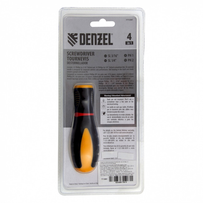 Отвертка комбинированная, SL3/16"-PH1, SL1/4"-PH2, 3-х компонентная рукоятка// Denzel ( 7713381 )