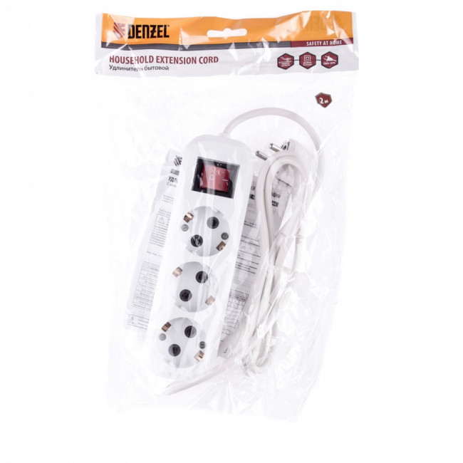 Удлинитель бытовой, с заземлением и выключателем, 2 м, 3 розетки, 10 A, серия УХз10 Denzel, ( 95970 )