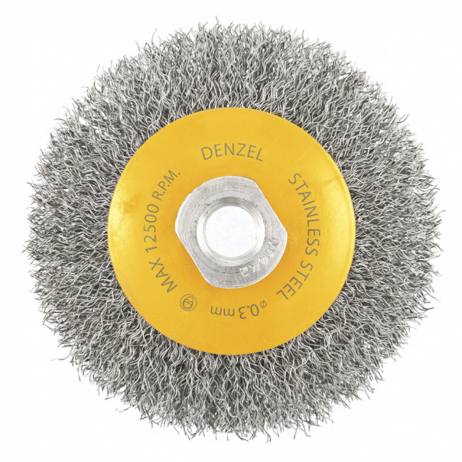 Щетка для УШМ, 100 мм, &quot;Тарелка&quot;, витая нержавеющая проволока 0.3 мм, М14 Denzel