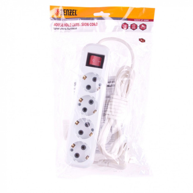 Удлинитель бытовой, с заземлением и выключателем, 3 м, 4 розетки, 10 A, серия УХз10 Denzel, ( 95976 )
