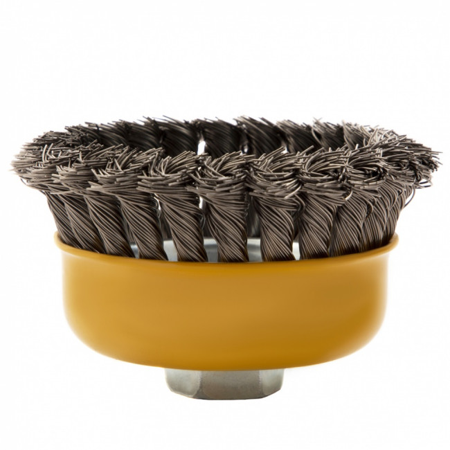 Щетка для УШМ, 100 мм, "Чашка", крученая нержавеющая проволока 0.5 мм, М14 Denzel Щетка для УШМ, 100 мм, "Чашка", крученая нержавеющая проволока 0.5 мм, М14 Denzel