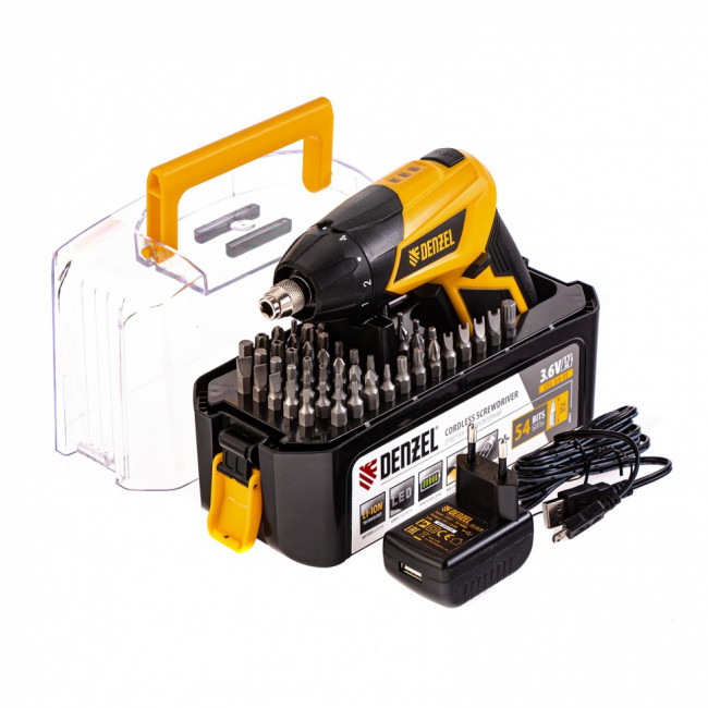 Отвертка аккумуляторная CSL-3.6-01, Li-Ion, 3.6 В, 1.3 А*ч, 200 об/мин, с аксессуарами Denzel Отвертка аккумуляторная CSL-3.6-01, Li-Ion, 3.6 В, 1.3 А*ч, 200 об/мин, с аксессуарами Denzel