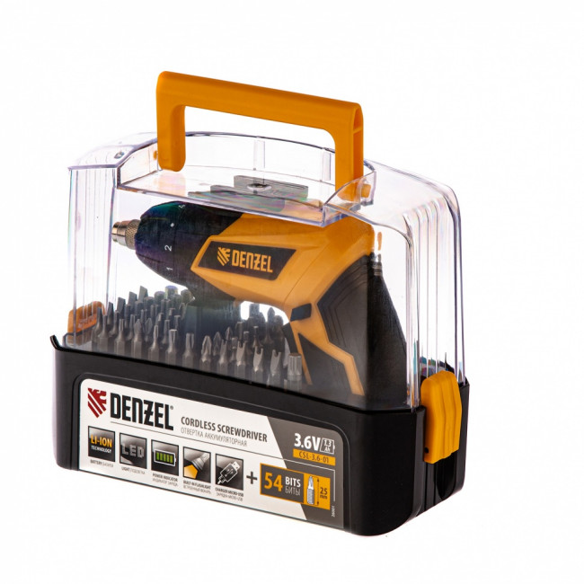 Отвертка аккумуляторная CSL-3.6-01, Li-Ion, 3.6 В, 1.3 А*ч, 200 об/мин, с аксессуарами Denzel Отвертка аккумуляторная CSL-3.6-01, Li-Ion, 3.6 В, 1.3 А*ч, 200 об/мин, с аксессуарами Denzel