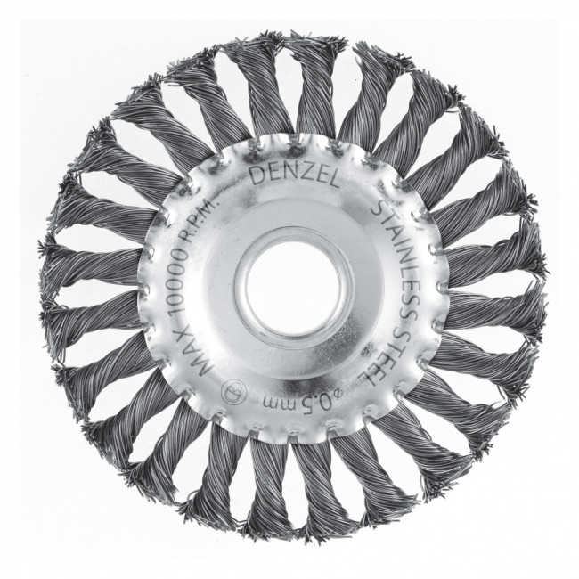 Щетка для УШМ, 125 мм, "Плоская", крученая нержавеющая проволока 0.5 мм, посадка 22.2 мм Denzel Щетка для УШМ, 125 мм, "Плоская", крученая нержавеющая проволока 0.5 мм, посадка 22.2 мм Denzel