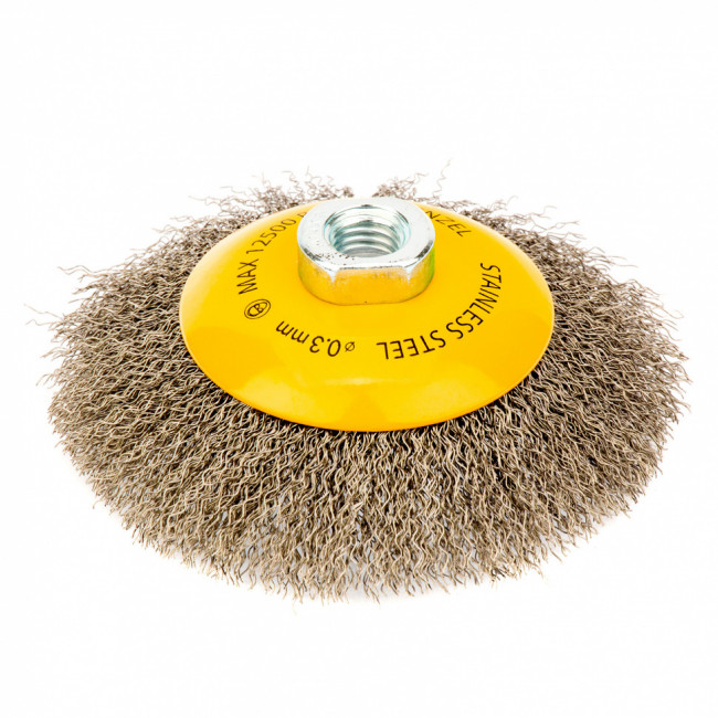 Щетка для УШМ, 125 мм, "Тарелка", витая нержавеющая проволока 0.3 мм, М14 Denzel Щетка для УШМ, 125 мм, "Тарелка", витая нержавеющая проволока 0.3 мм, М14 Denzel