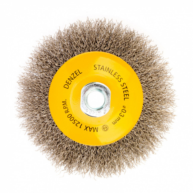 Щетка для УШМ, 125 мм, "Тарелка", витая нержавеющая проволока 0.3 мм, М14 Denzel Щетка для УШМ, 125 мм, "Тарелка", витая нержавеющая проволока 0.3 мм, М14 Denzel