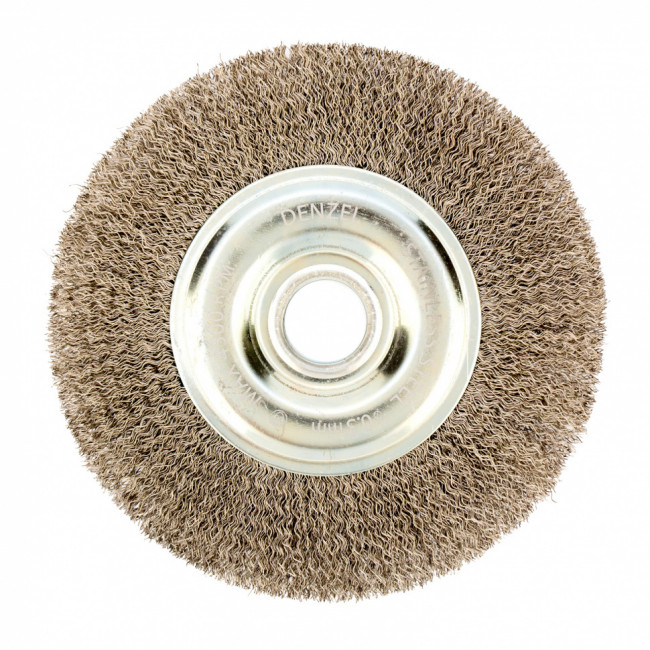 Щетка для УШМ, 150 мм, "Плоская", витая нержавеющая проволока 0.3 мм, посадка 22.2 мм Denzel Щетка для УШМ, 150 мм, "Плоская", витая нержавеющая проволока 0.3 мм, посадка 22.2 мм Denzel