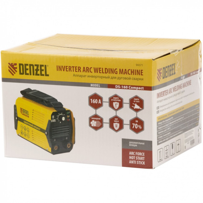 Аппарат инверторный дуговой сварки DS-160 Compact, 160 А, ПВ 70%, диаметр электрода 1,6-3,2 мм Denzel, ( 94371 )