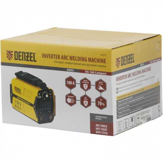 Аппарат инверторный дуговой сварки DS-180 Compact, 180 А, ПВ 70%, диаметр электрода 1.6-4 мм Denzel Аппарат инверторный дуговой сварки DS-180 Compact, 180 А, ПВ 70%, диаметр электрода 1.6-4 мм Denzel