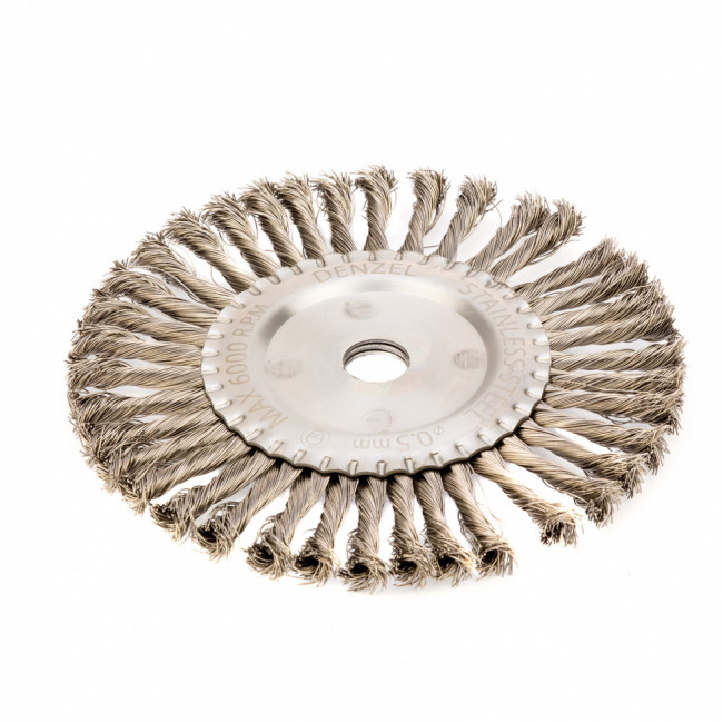 Щетка для УШМ, 200 мм, "Плоская", крученая нержавеющая проволока 0.5 мм, посадка 22.2 мм Denzel Щетка для УШМ, 200 мм, "Плоская", крученая нержавеющая проволока 0.5 мм, посадка 22.2 мм Denzel