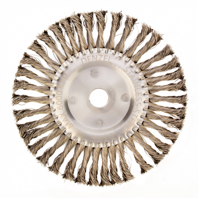 Щетка для УШМ, 200 мм, "Плоская", крученая нержавеющая проволока 0.5 мм, посадка 22.2 мм Denzel Щетка для УШМ, 200 мм, "Плоская", крученая нержавеющая проволока 0.5 мм, посадка 22.2 мм Denzel