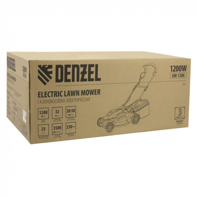 Газонокосилка электрическая GM-1200, 1200 Вт, ширина 32 см, 3 уровня, травосборник 25 л. Denzel